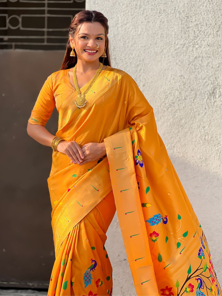 haldi special yellow paithani saree with traditional muniya border