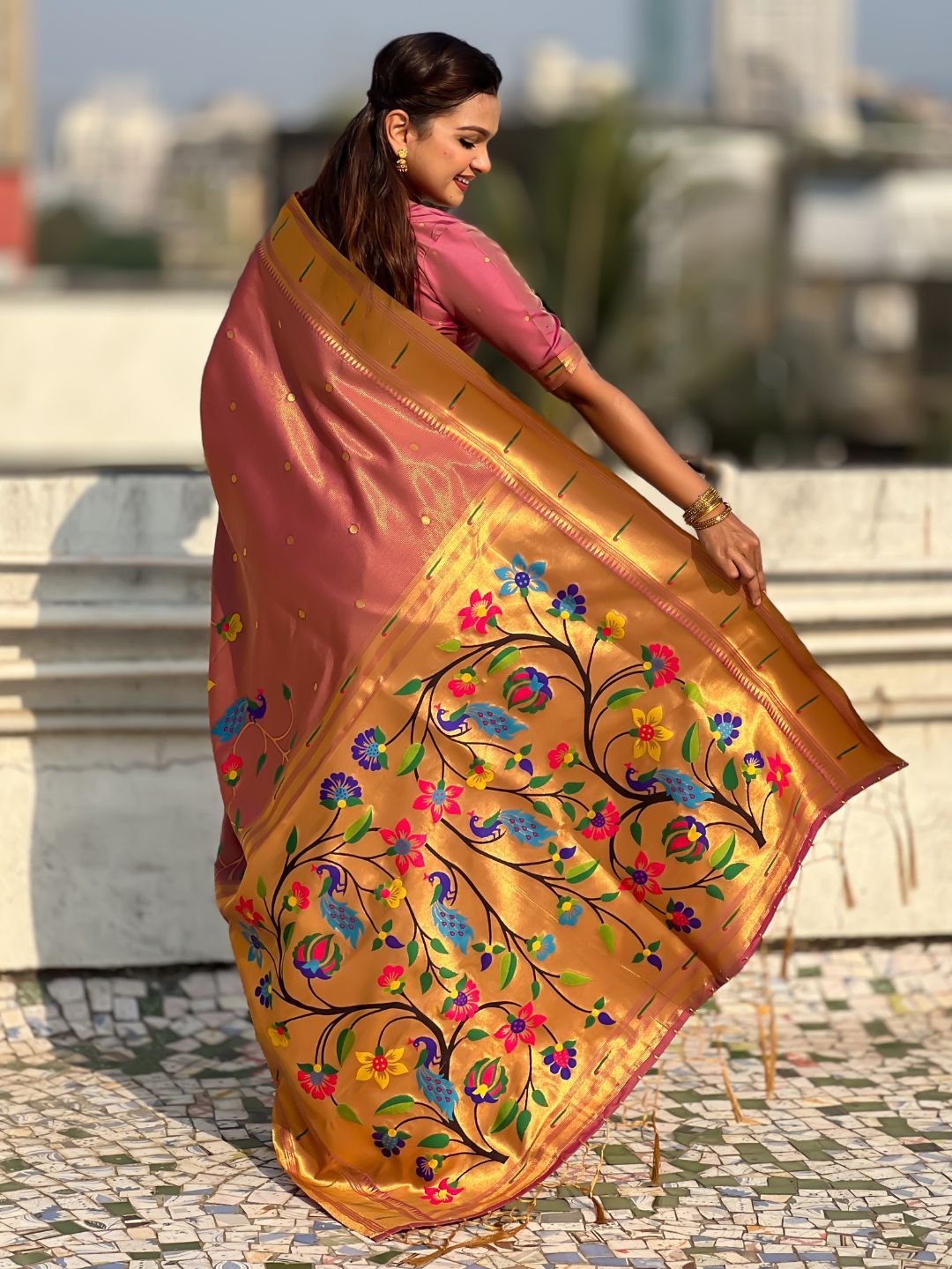 designer ethnic saree with elegant woven meenakari detailing