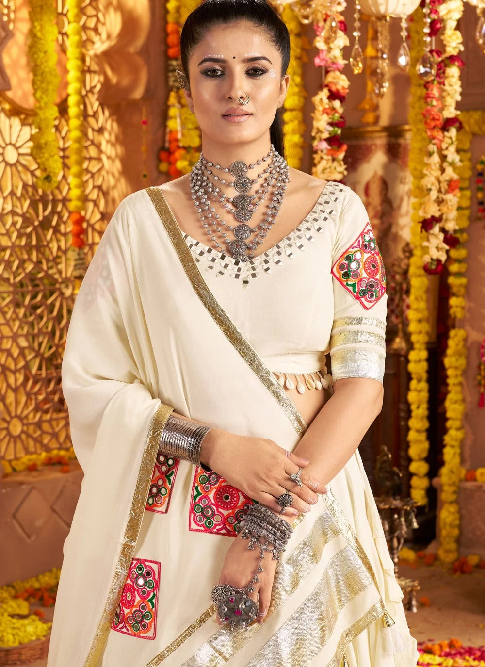 All White Mirror Embroidered Rayon Lehenga Choli with Dupatta for Navratri Garba