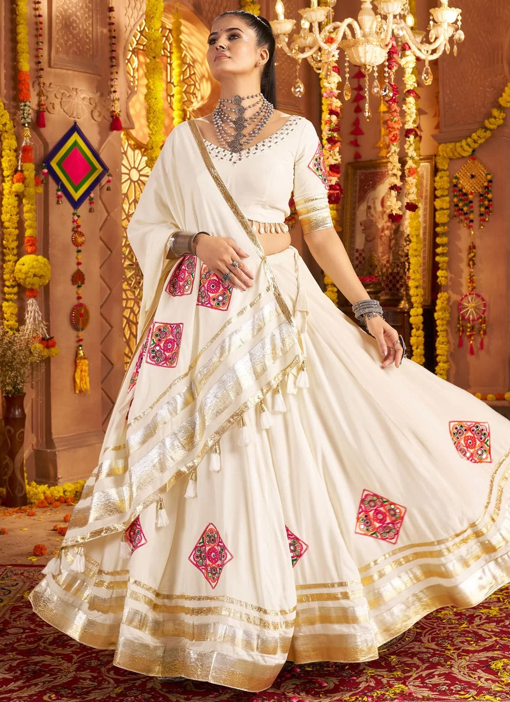 White Mirror Work Rayon Lehenga Choli for Navratri Garba