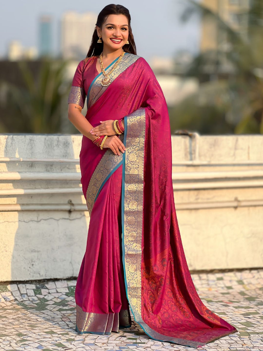 dark pink soft patola silk saree with bandhani weaves and zari border