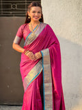 elegant dark pink silk saree with rich floral woven zari detailing