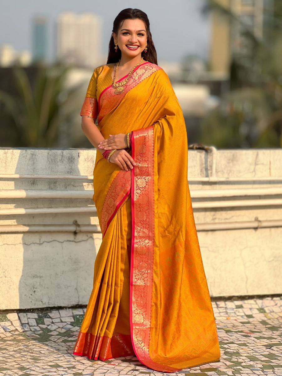 yellow soft patola silk saree with bandhani weaving for haldi function