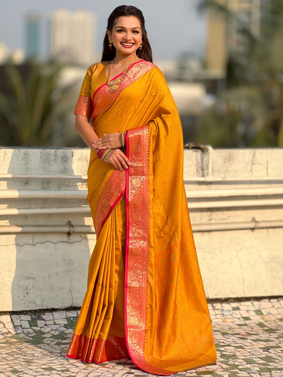 wedding haldi function saree with graceful soft silk drape