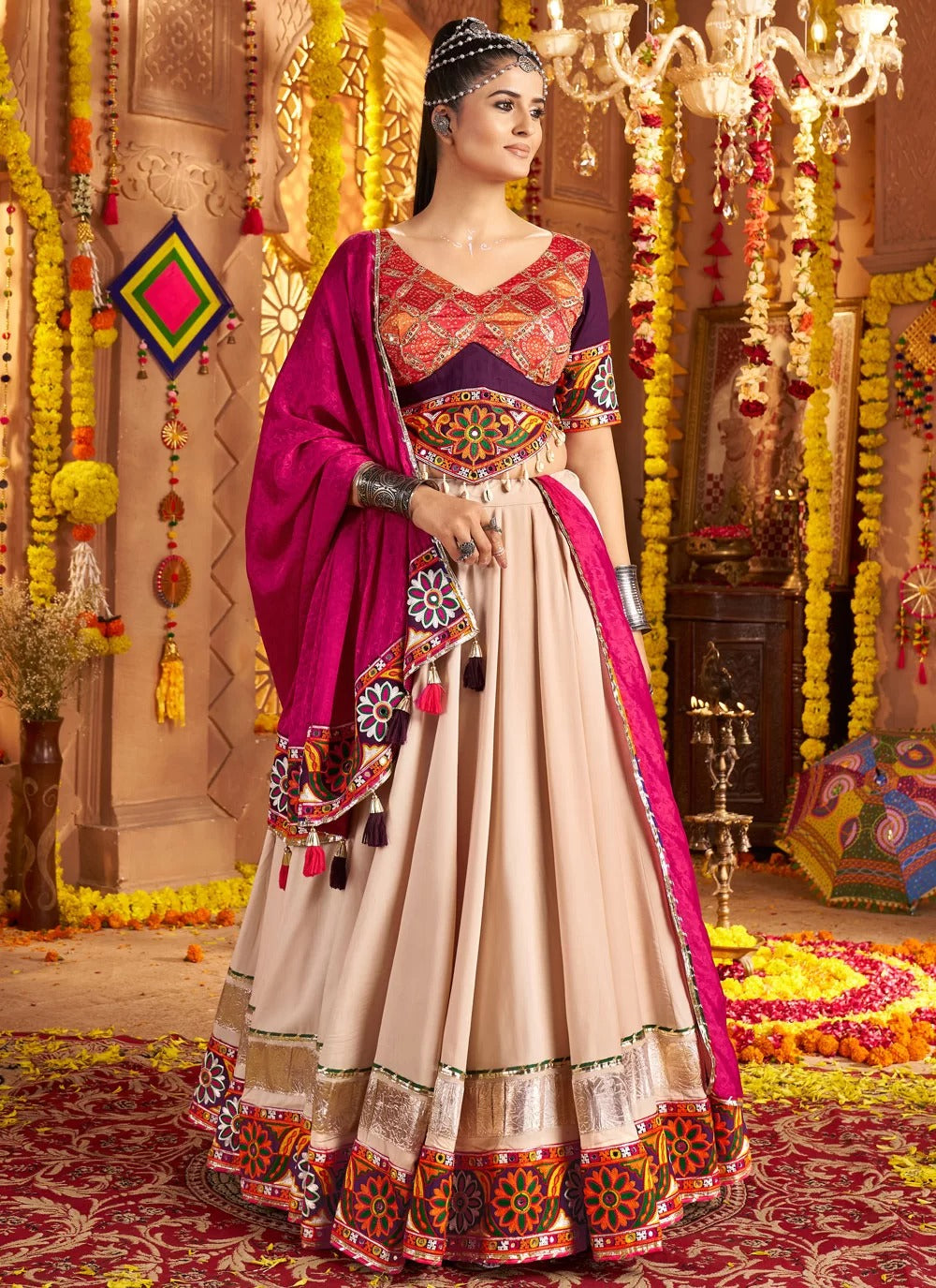 Beige Mirror Work Rayon Lehenga with Purple Choli and Rani Jacquard Dupatta for Navratri