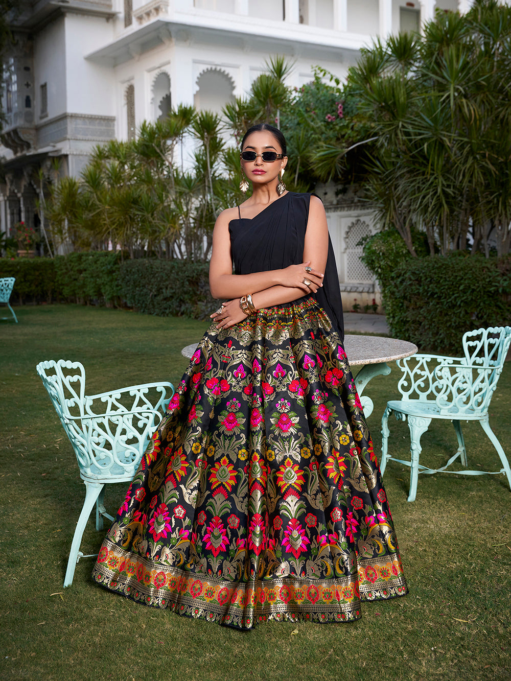Black georgette heart shape choli with dupatta