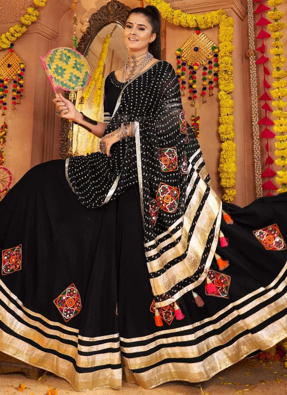Black Mirror Embroidered Rayon Lehenga Choli with Printed Dupatta for Navratri
