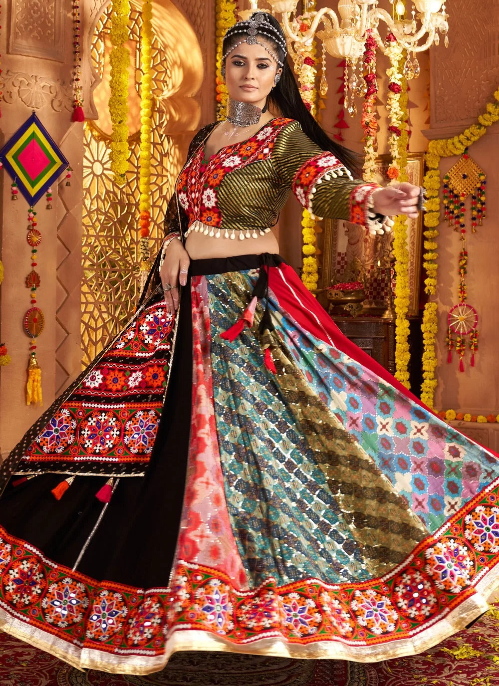 Black Rayon Lehenga Choli with Mirror and Embroidered Georgette Dupatta for Navratri