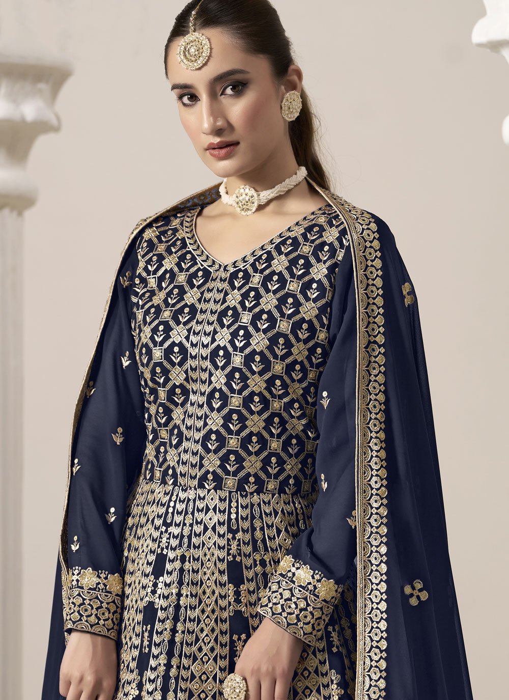 Elegant Blue Faux Georgette Anarkali Suit with Embroidery