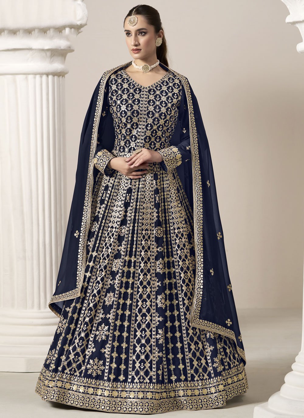 Elegant Blue Faux Georgette Anarkali Suit with Embroidery