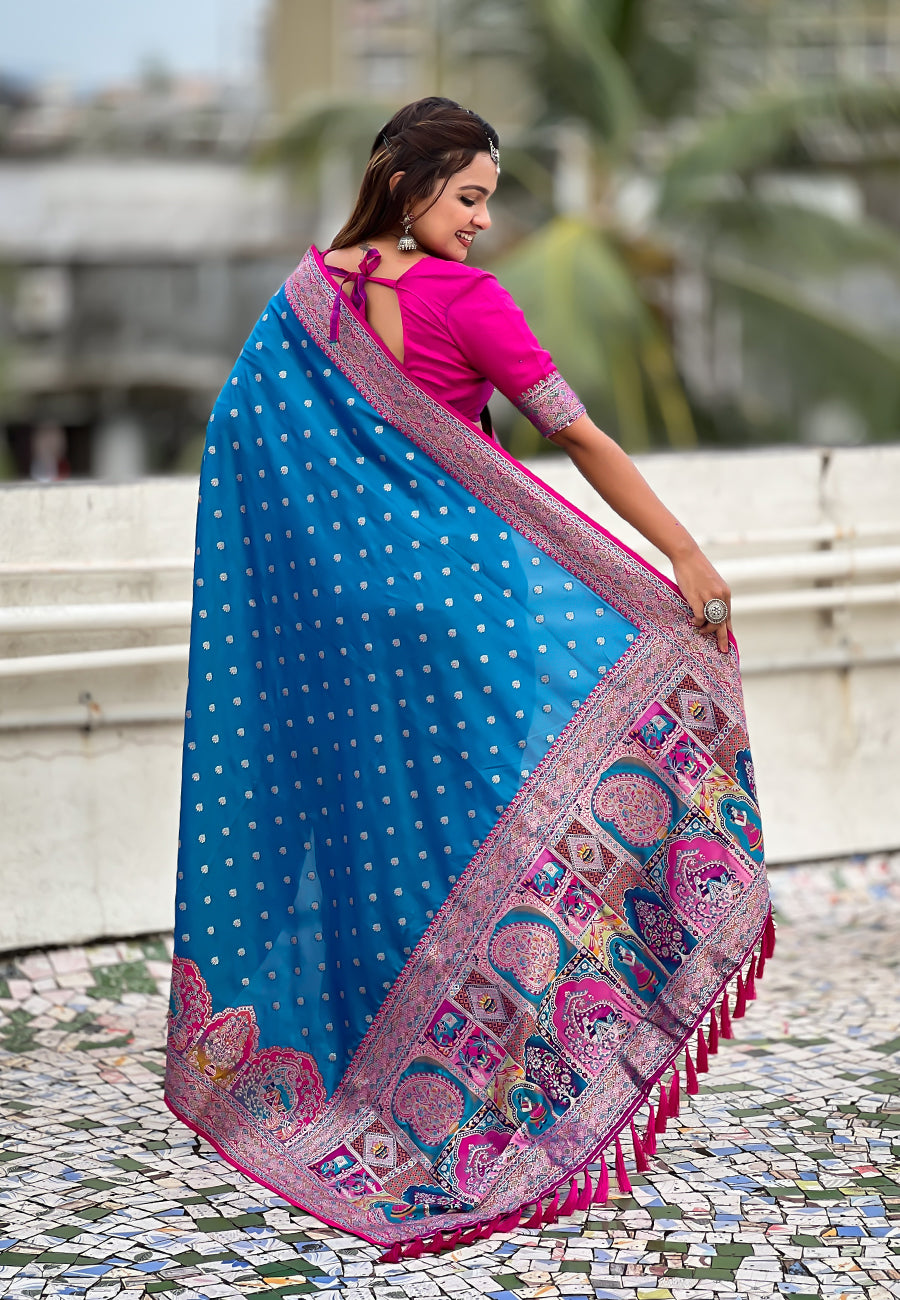 Blue Darbari silk saree with rich woven pallu and tassels