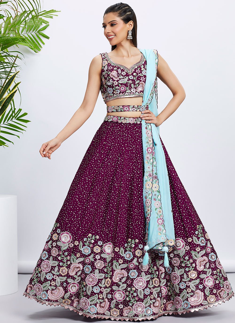 Burgundy Pure Chiffon Sangeet Lehenga for Bride