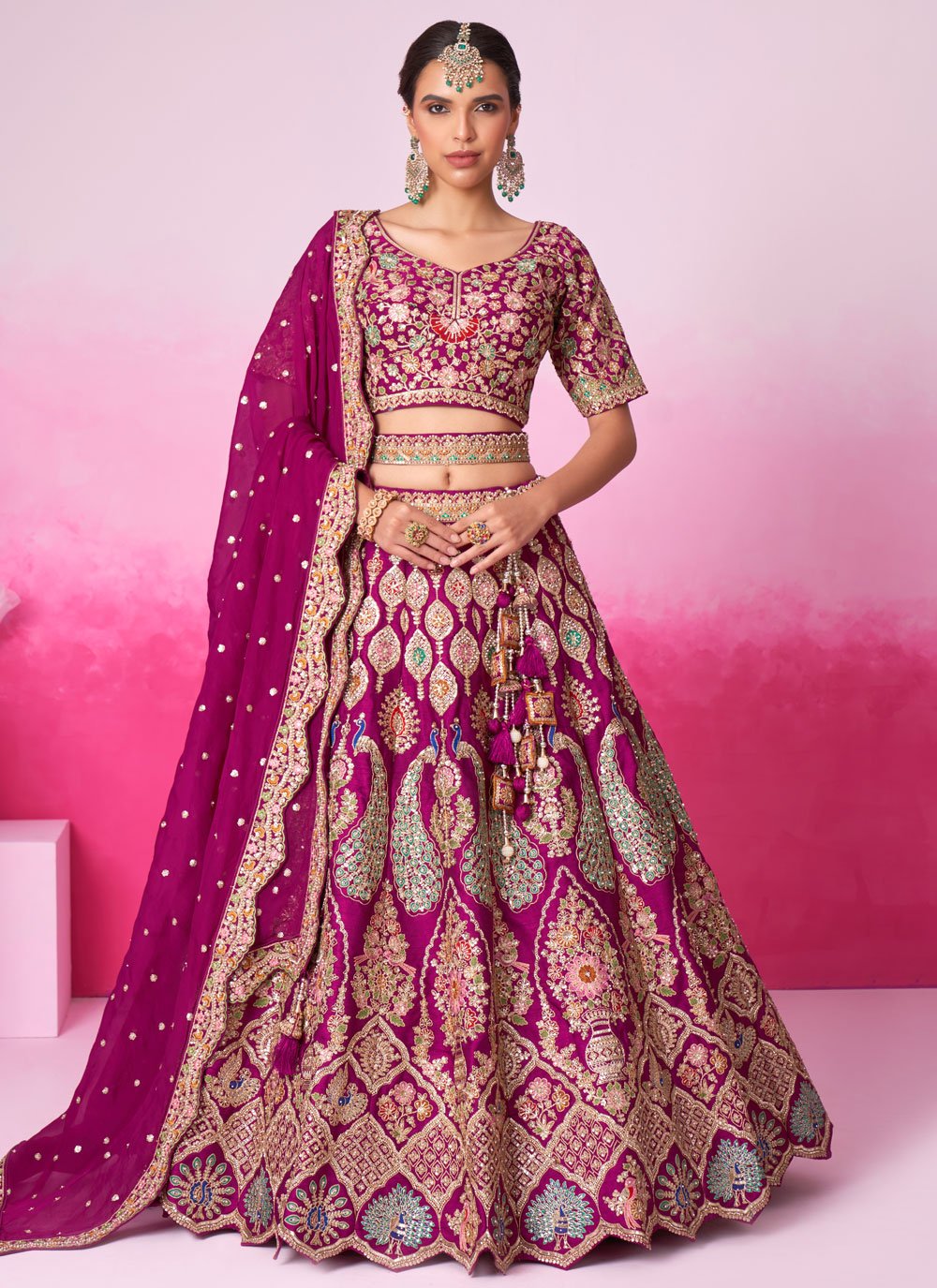 Elegant Burgundy Silk Bridal Lehenga with Moti & Sequins Work