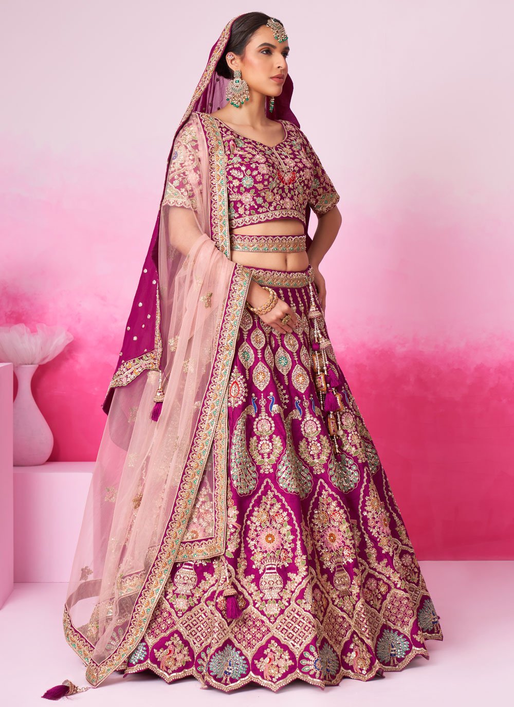 Burgundy Silk Bridal Lehenga with Moti Embroidery