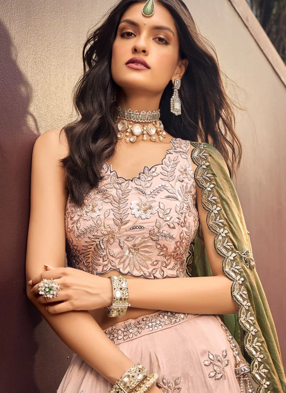 Charming Green Sequins Work Viscose Rayon Lightweight Bridesmaid Lehenga Choli with Dupatta

