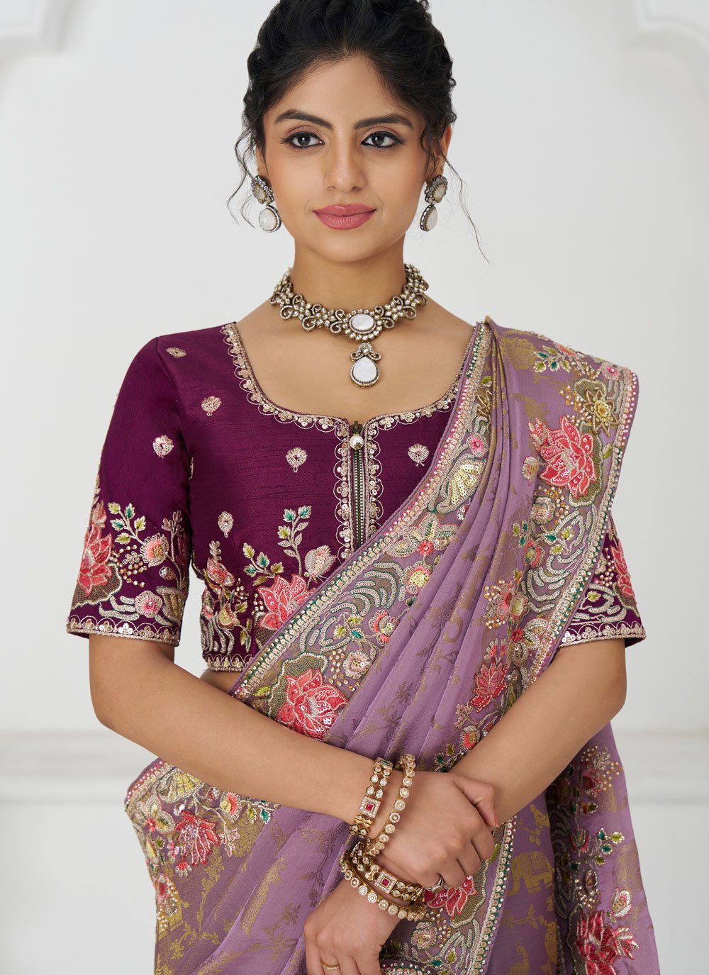 Chic Mauve Embroidered Dola Silk Saree with Contemporary Touch