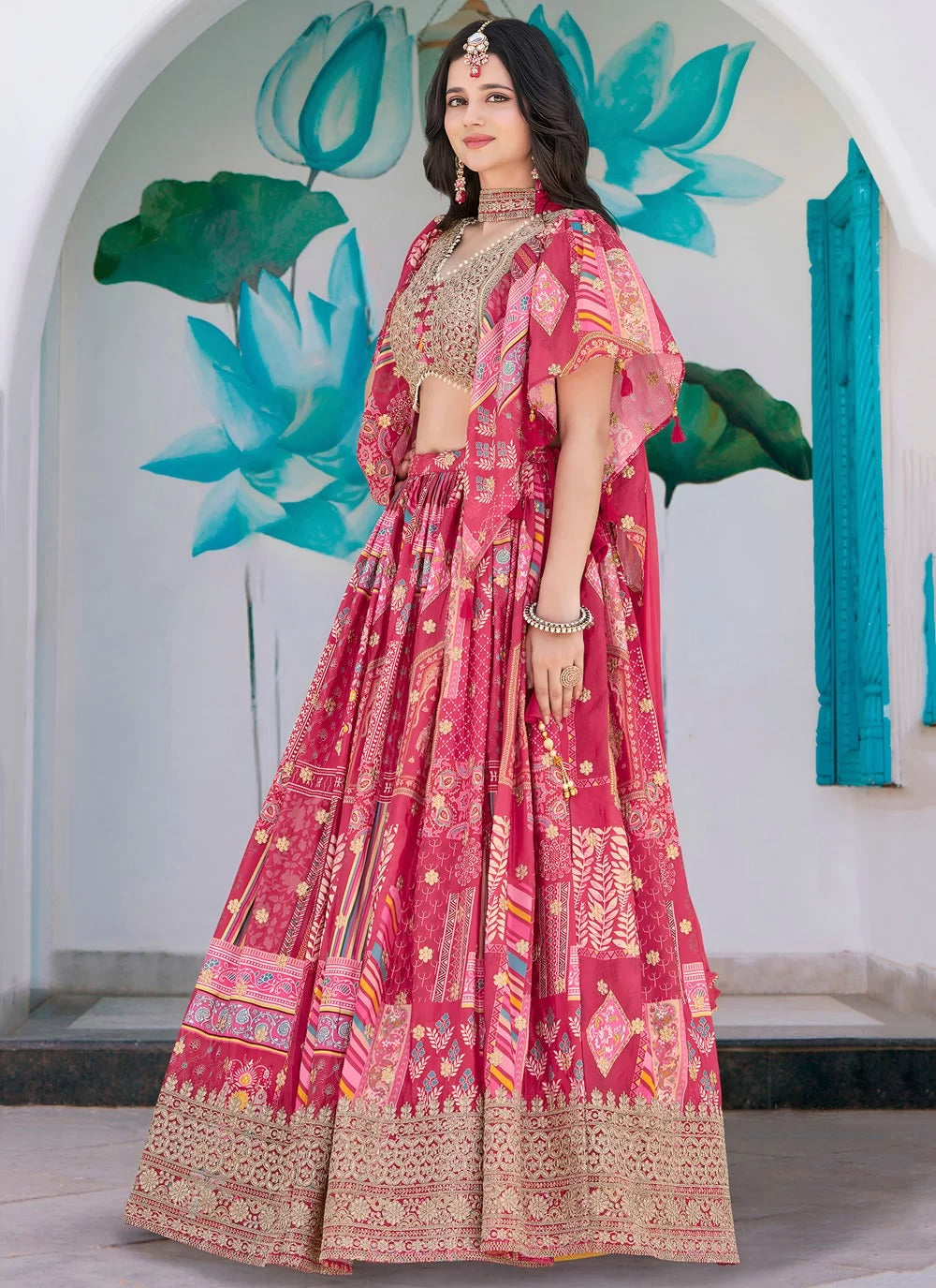 Pink Chinnon Silk Multicolor Printed Embroidered Lehenga Choli with Chiffon Dupatta