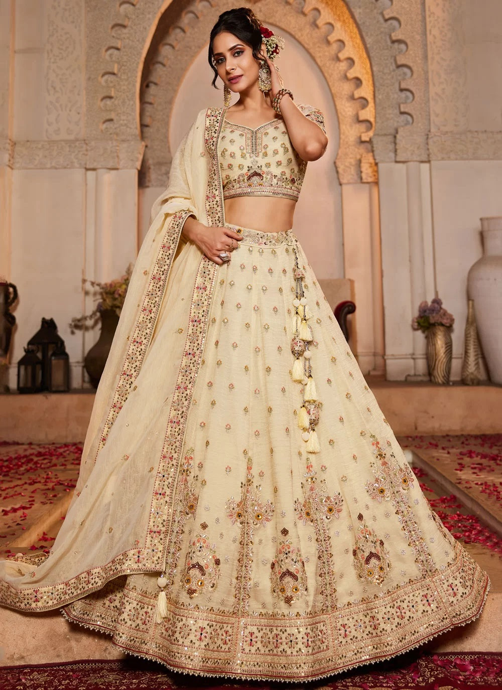 Cream Tissue Wedding Lehenga | Moti and Sequins Embroidery for Brides