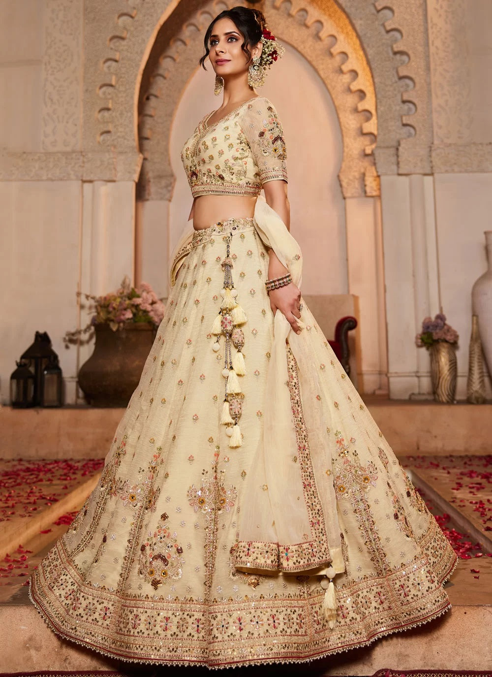 Cream Tissue Wedding Lehenga with Moti Sequins and Embroidery Work