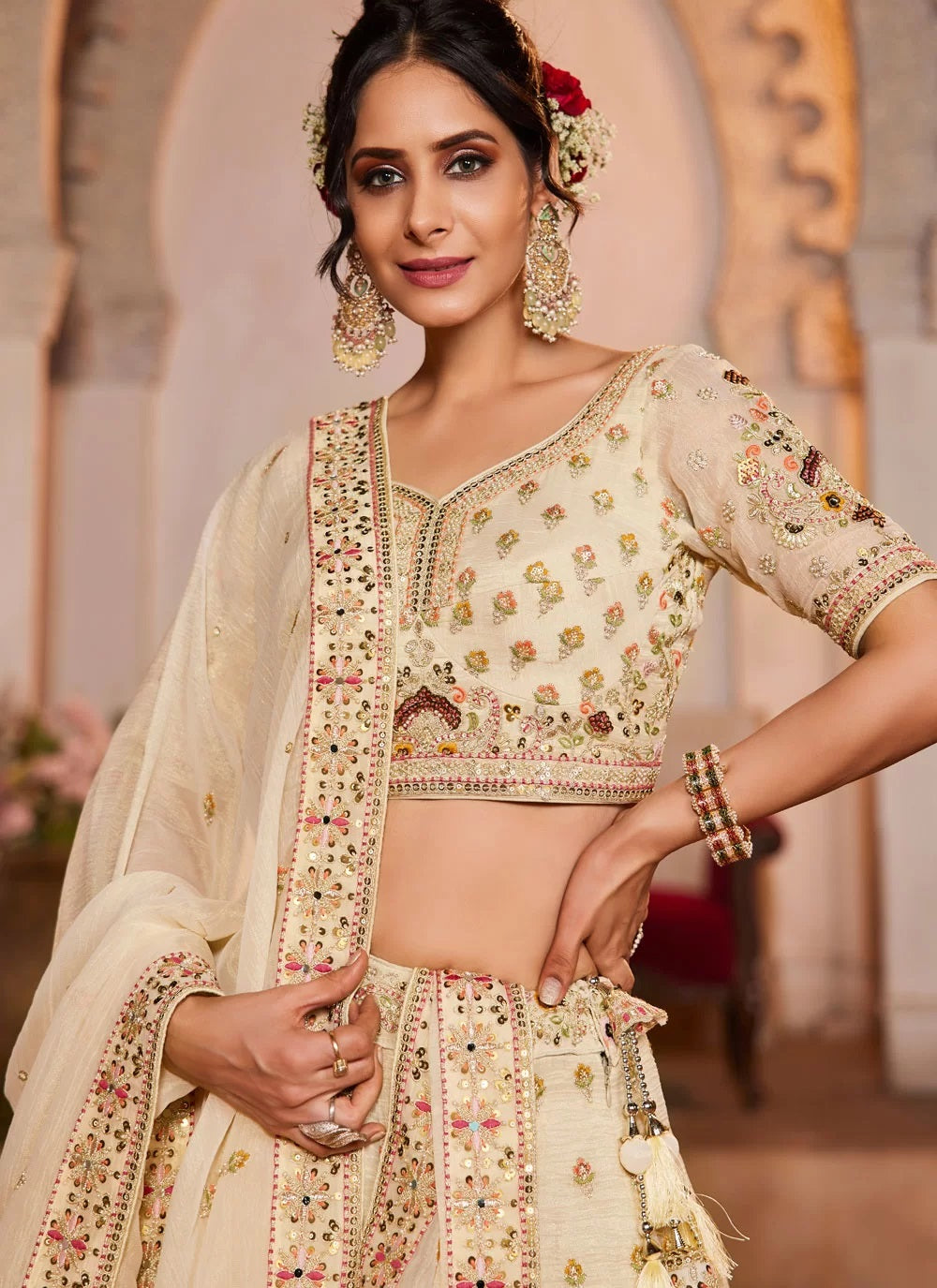 Cream Tissue Wedding Lehenga with Moti Sequins and Embroidery Work