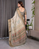 Elegant Cream & Gold Woven Ikat Silk Saree with Designer Border With Tassles