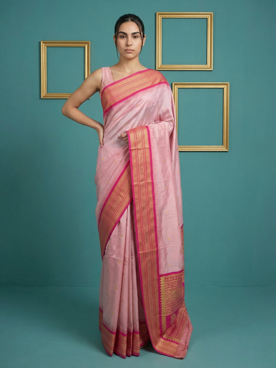 baby pink soft silk saree with gold zari motifs