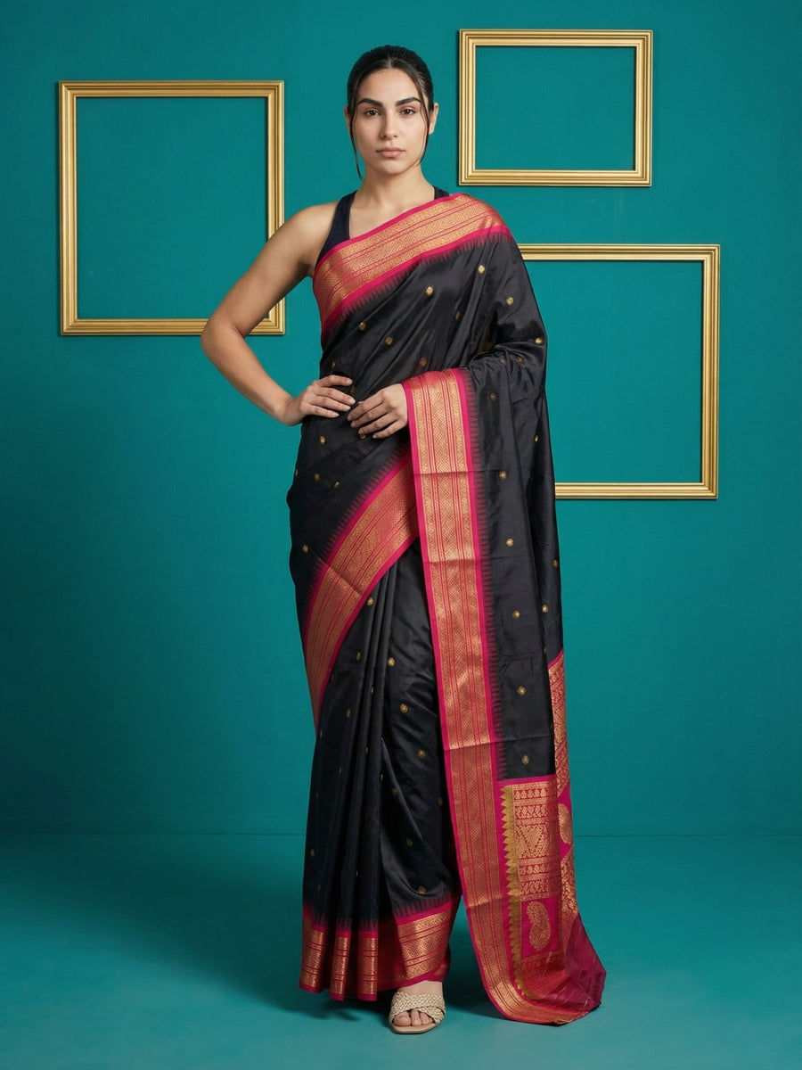 black soft silk saree with gold zari motifs