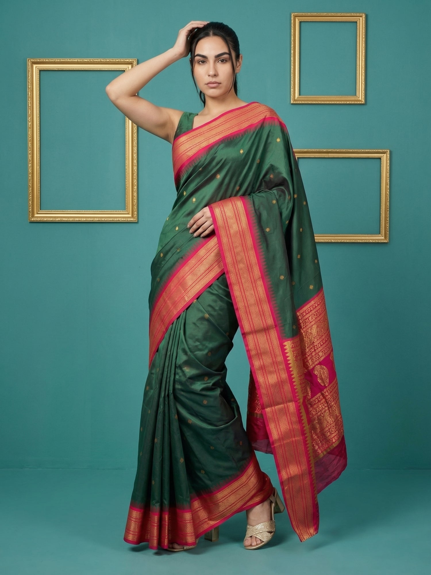 Bottle Green Premium Soft Silk Saree Gold Zari Woven Saree Contrast Pallu Festive Saree With Blouse