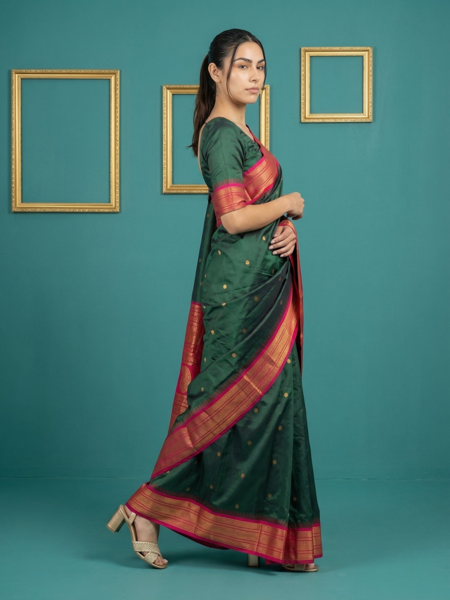 Bottle Green Premium Soft Silk Saree Gold Zari Woven Saree Contrast Pallu Festive Saree With Blouse