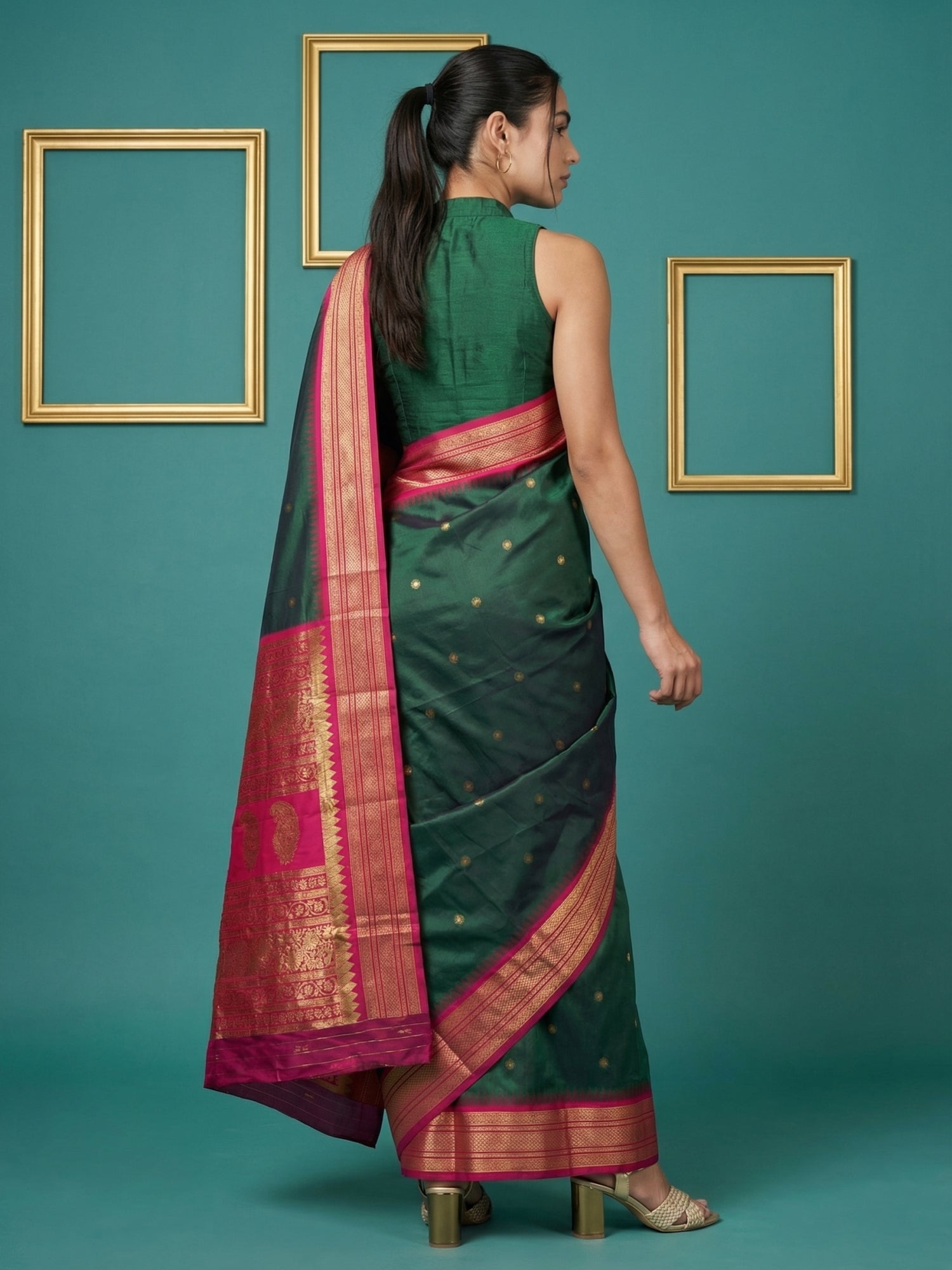 Bottle Green Premium Soft Silk Saree Gold Zari Woven Saree Contrast Pallu Festive Saree With Blouse