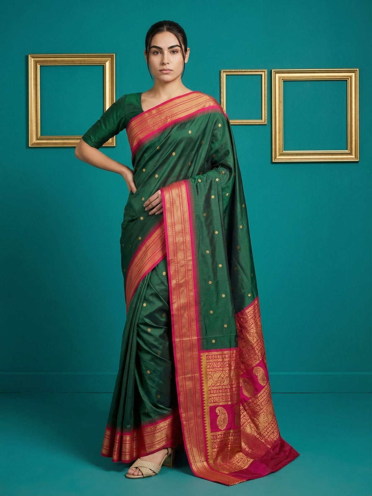 Bottle Green Premium Soft Silk Saree Gold Zari Woven Saree Contrast Pallu Festive Saree With Blouse