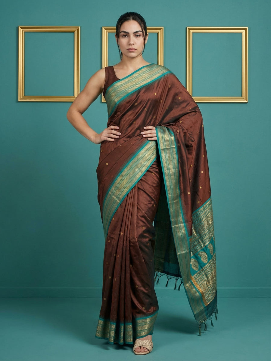 coffee brown soft silk saree with gold zari motifs