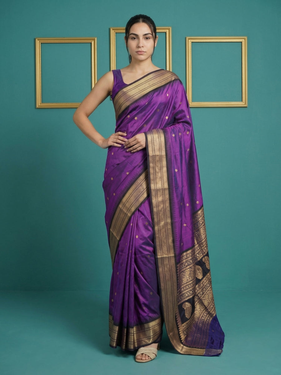 purple black soft silk saree with gold zari motifs