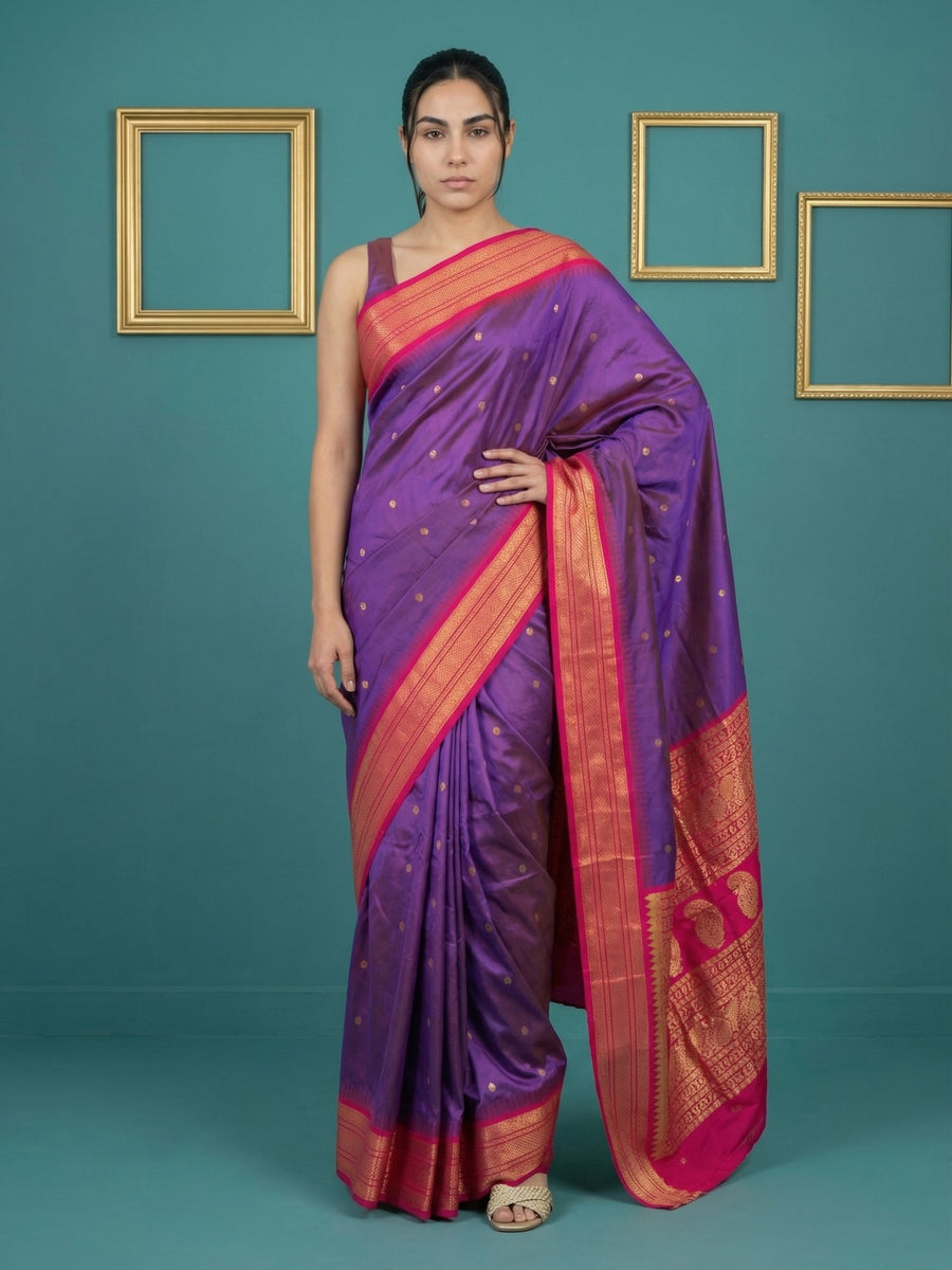 purple pink soft silk saree with gold zari motifs