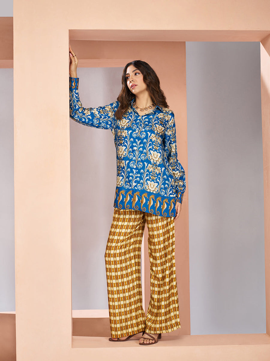 Royal Blue Floral Designer Pure Muslin Silk Co-Ord Set for Women
