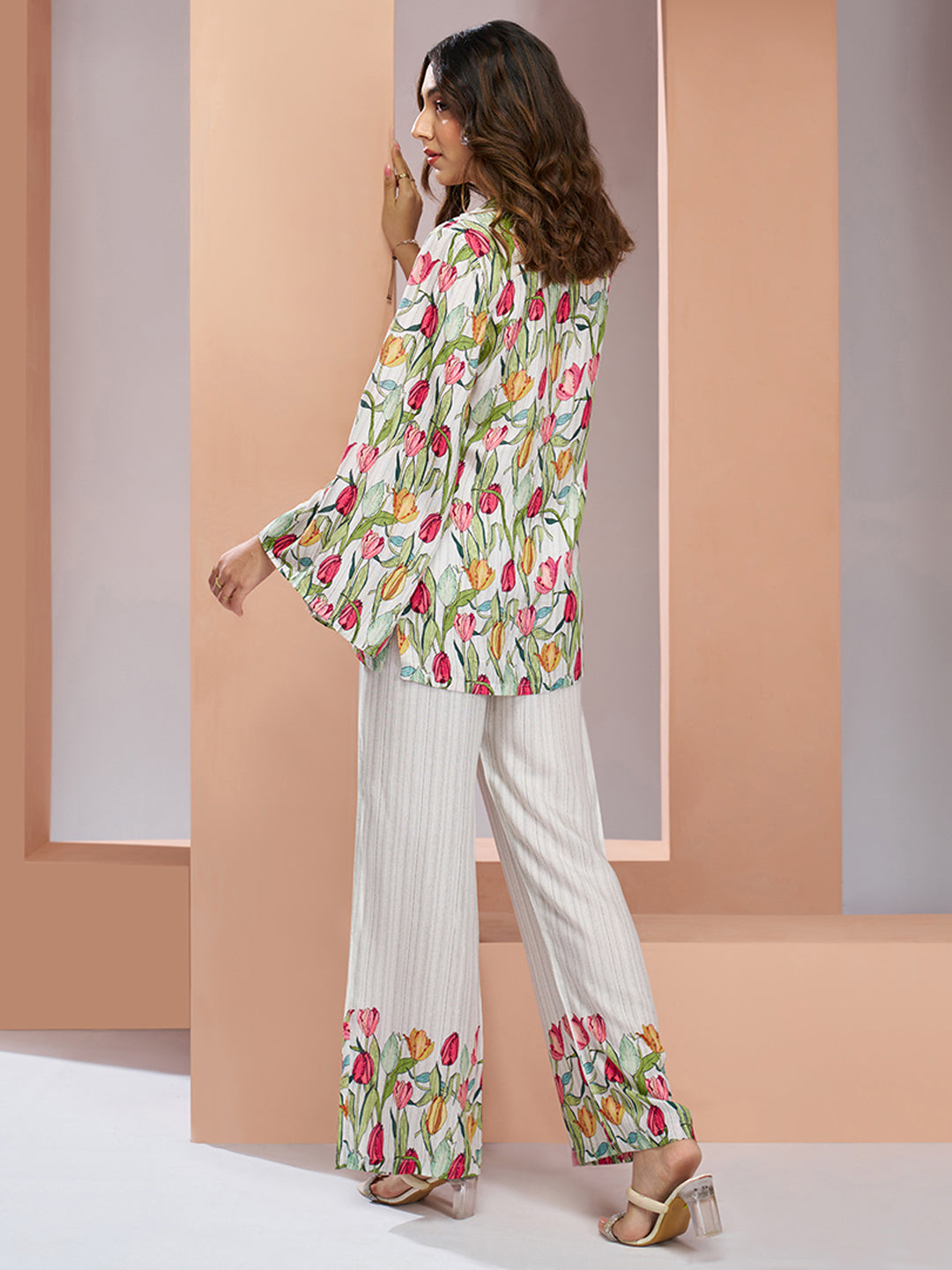 White Floral Pure Muslin Silk Designer Co-Ord Set for Women