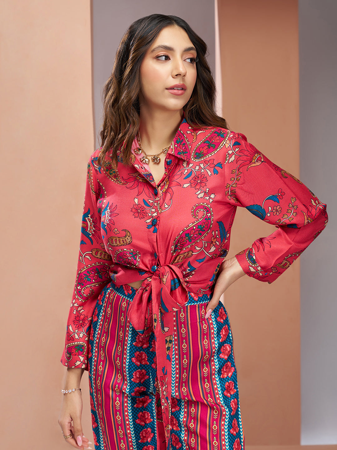 Coral Pink Pure Muslin Silk Designer Co-Ord Set for Women