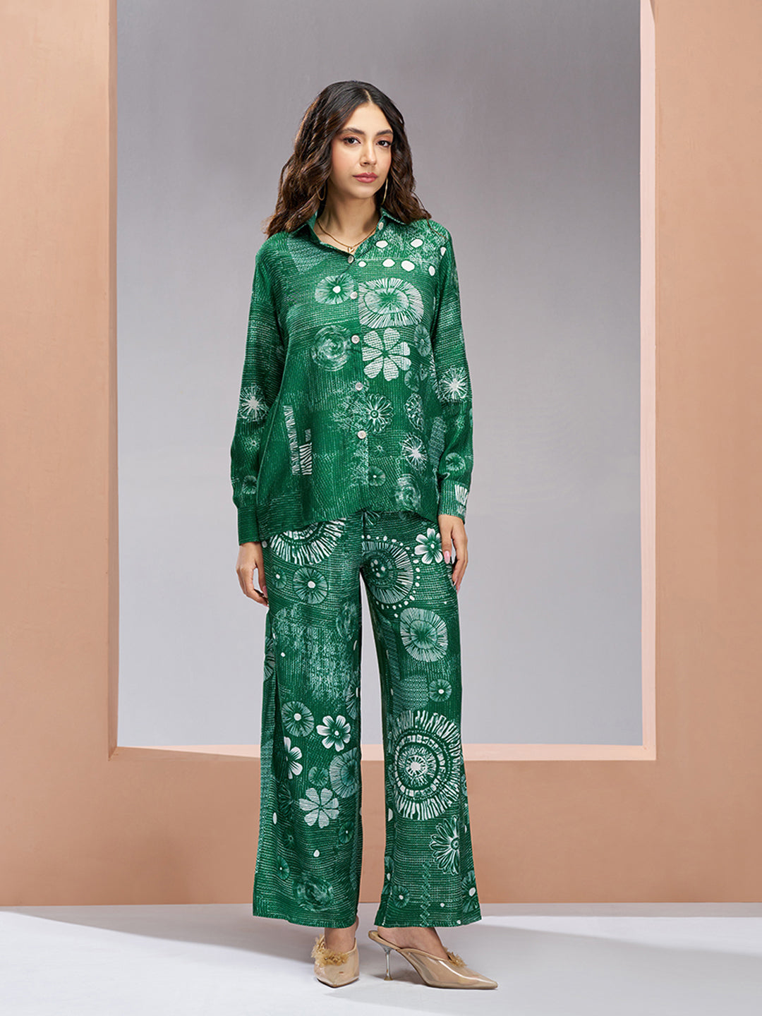 Dark Green Designer Pure Muslin Silk Floral Co-Ord Set for Women