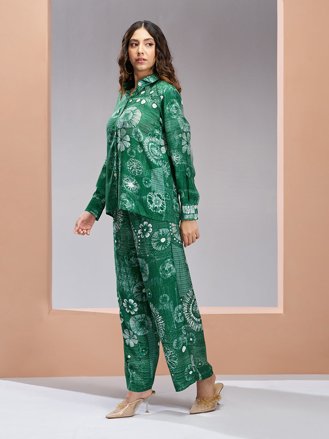 Dark Green Designer Pure Muslin Silk Floral Co-Ord Set for Women