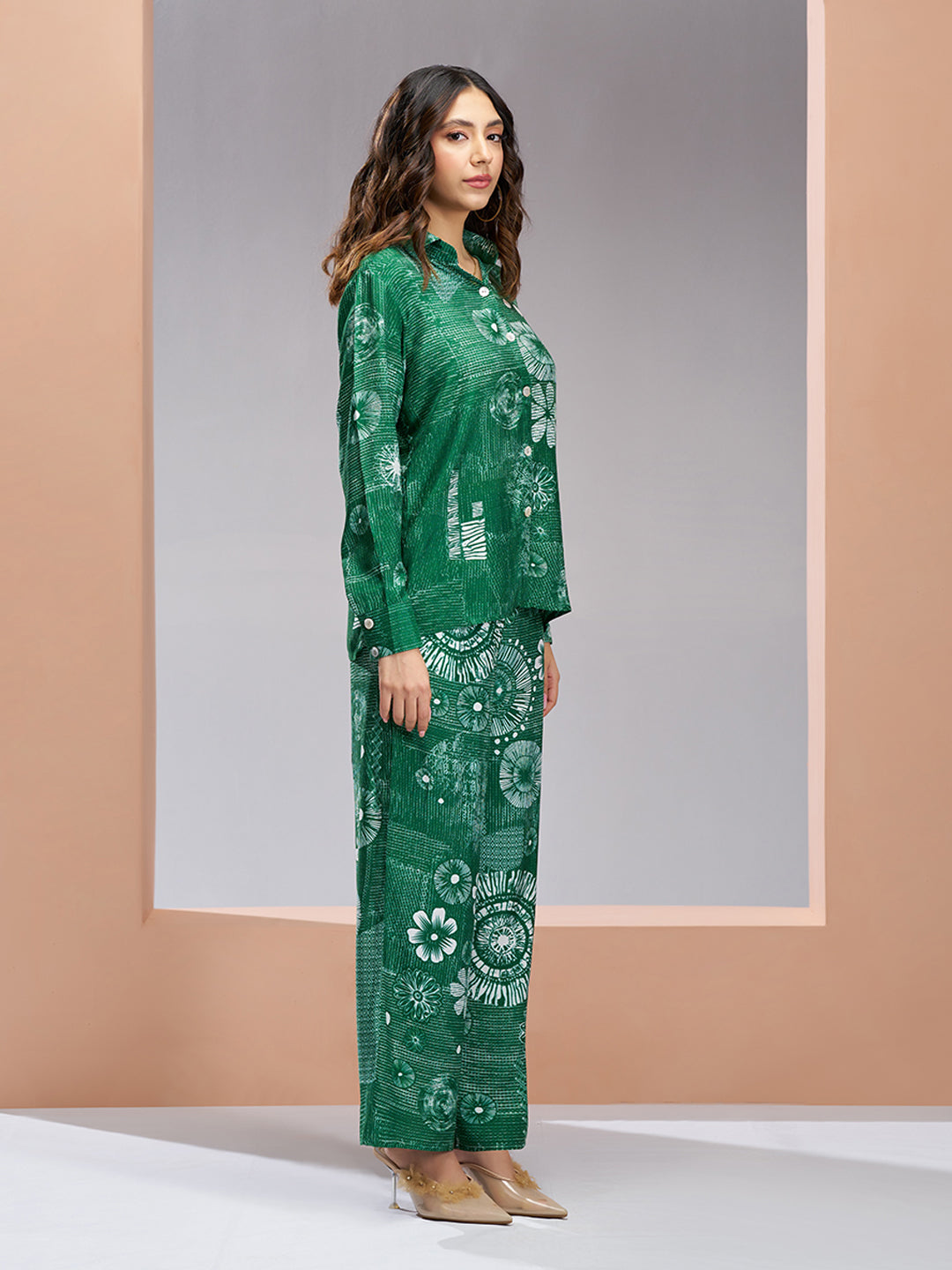 Dark Green Designer Pure Muslin Silk Floral Co-Ord Set for Women