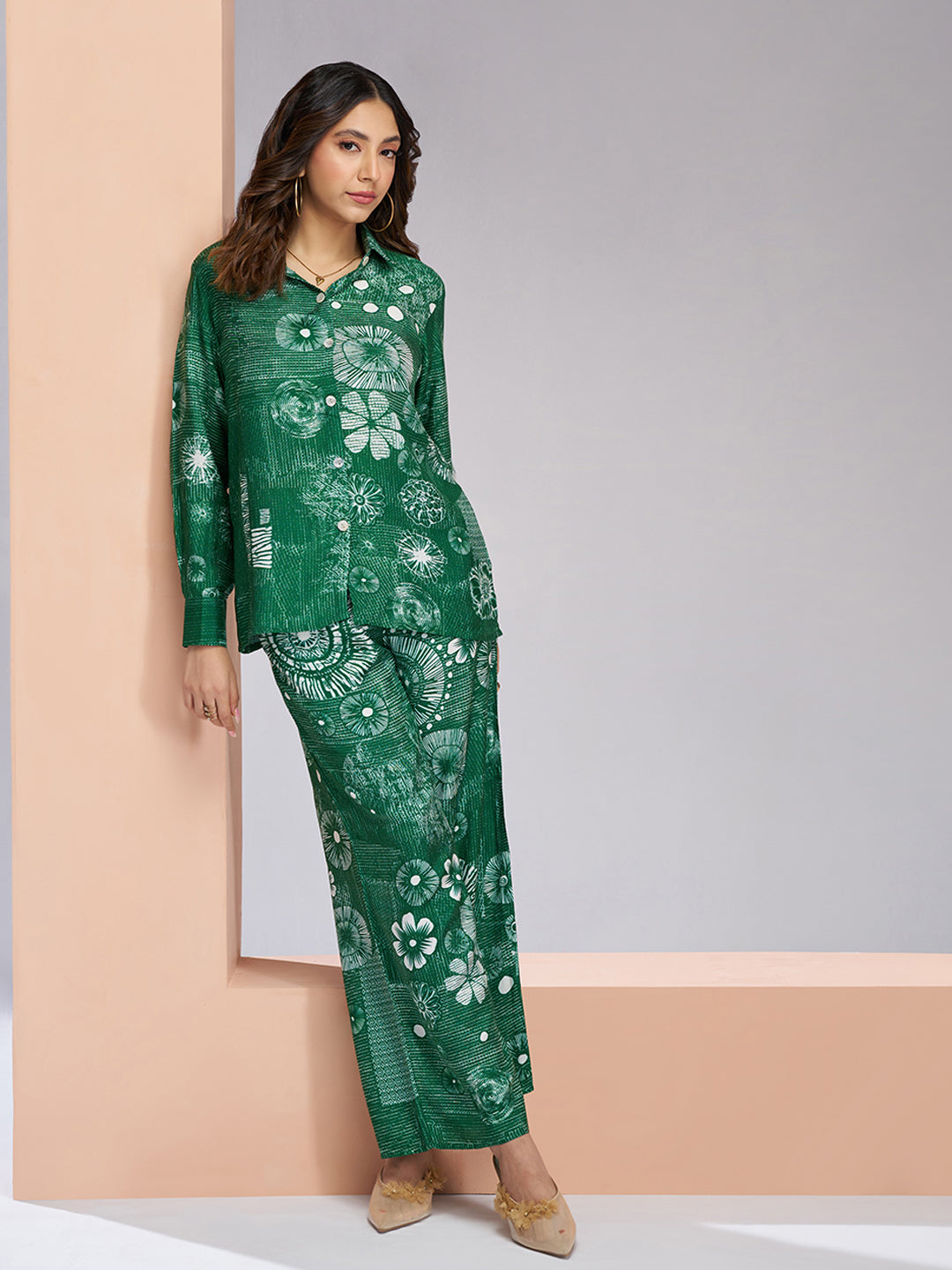 Dark Green Designer Pure Muslin Silk Floral Co-Ord Set for Women