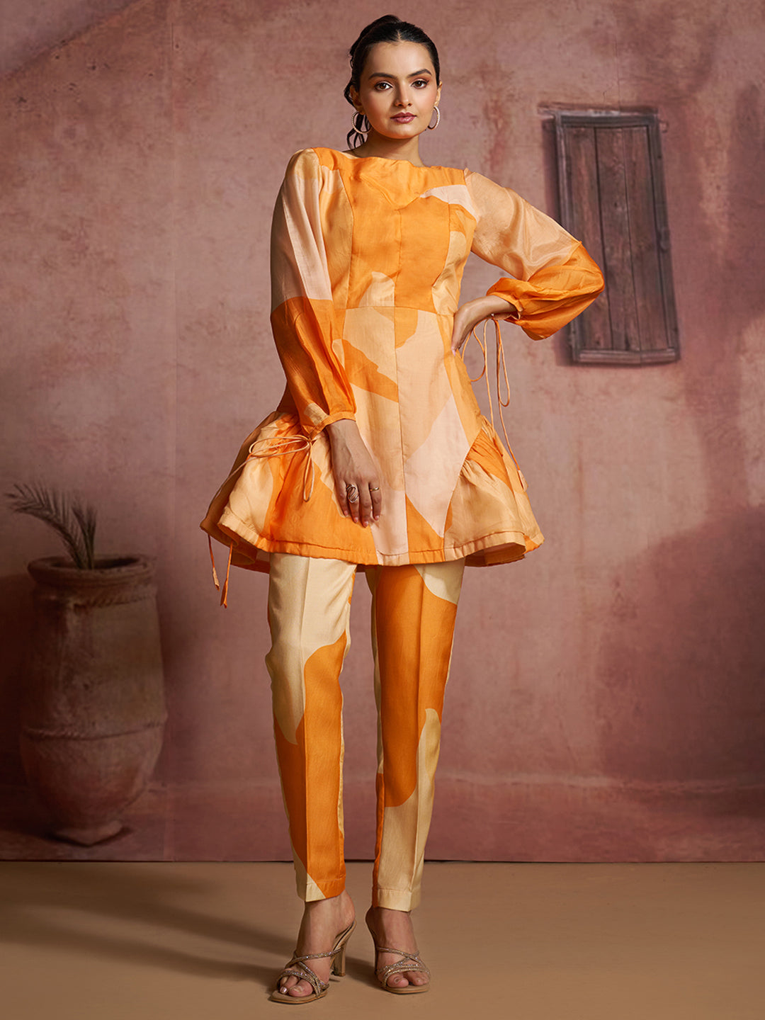 Luxury Pure Muslin Silk Abstract Orange Co-Ord Set for Women