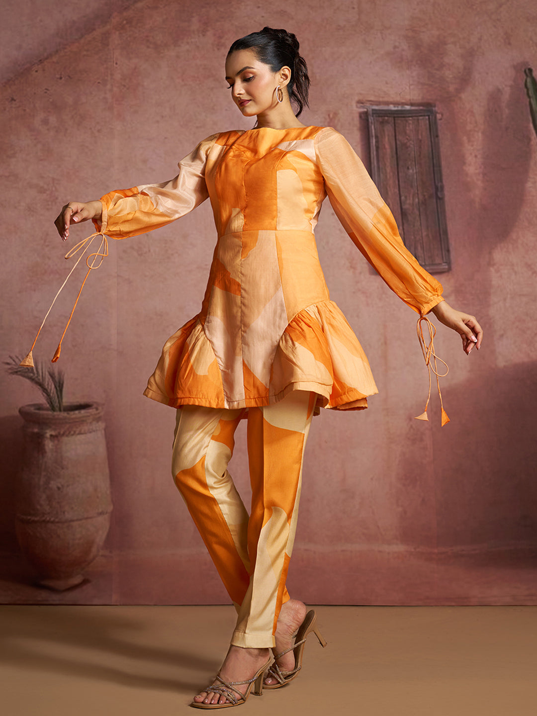 Luxury Pure Muslin Silk Abstract Orange Co-Ord Set for Women