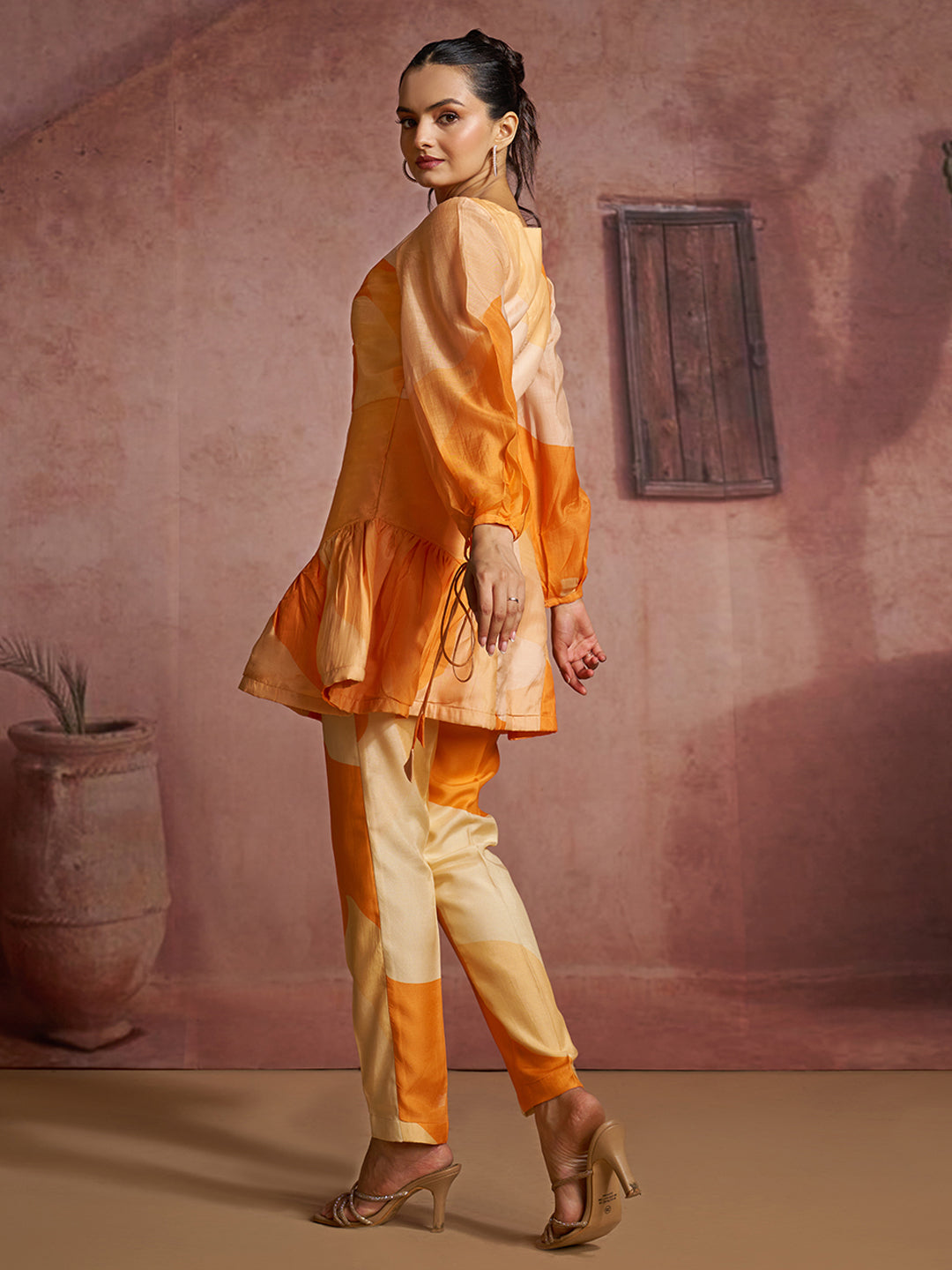 Luxury Pure Muslin Silk Abstract Orange Co-Ord Set for Women