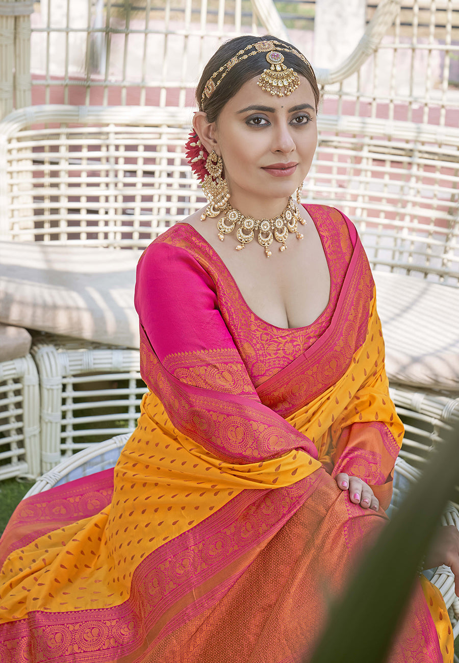 Bright Yellow Contrast 1000 Butti Zari Woven Paithani Silk Saree