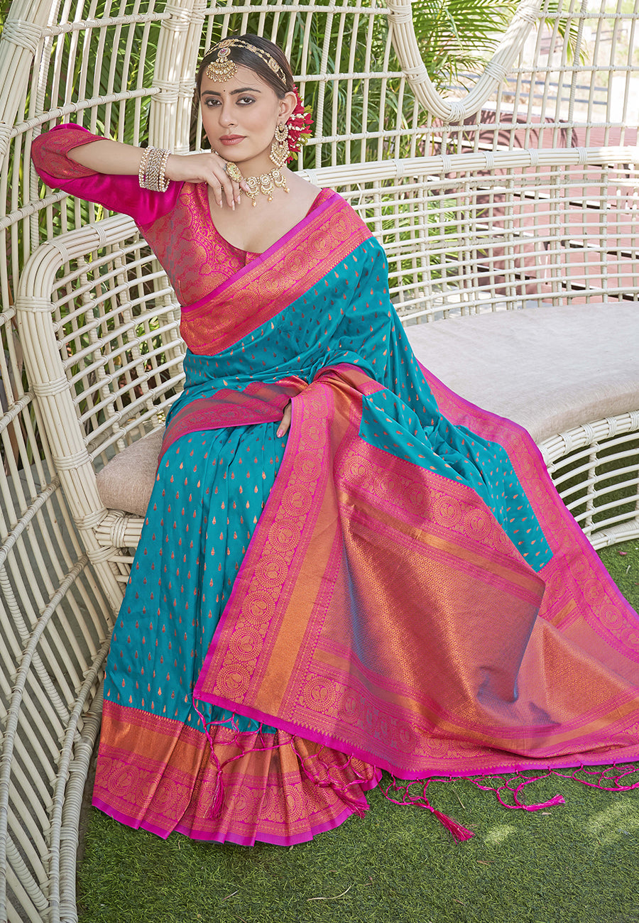 Blue Contrast 1000 Butti Zari Woven Paithani Silk Saree