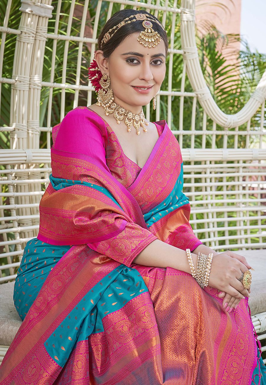 Blue Contrast 1000 Butti Zari Woven Paithani Silk Saree