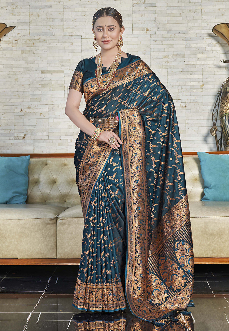 Deep Blue Banarasi Jaal Katan Silk Zari Woven Saree