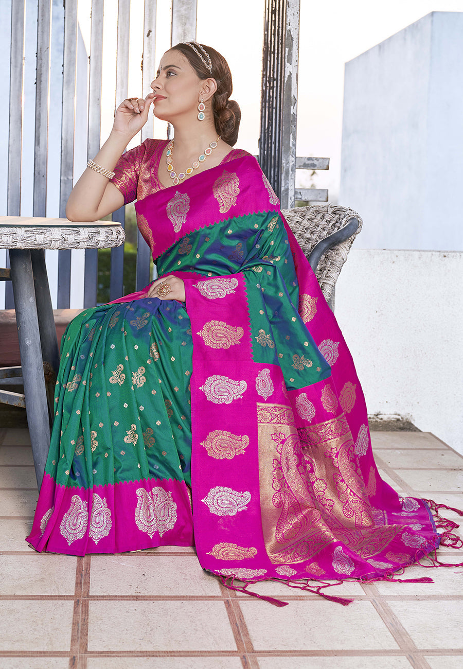 Green Soft Silk Contrast Zari Woven Saree