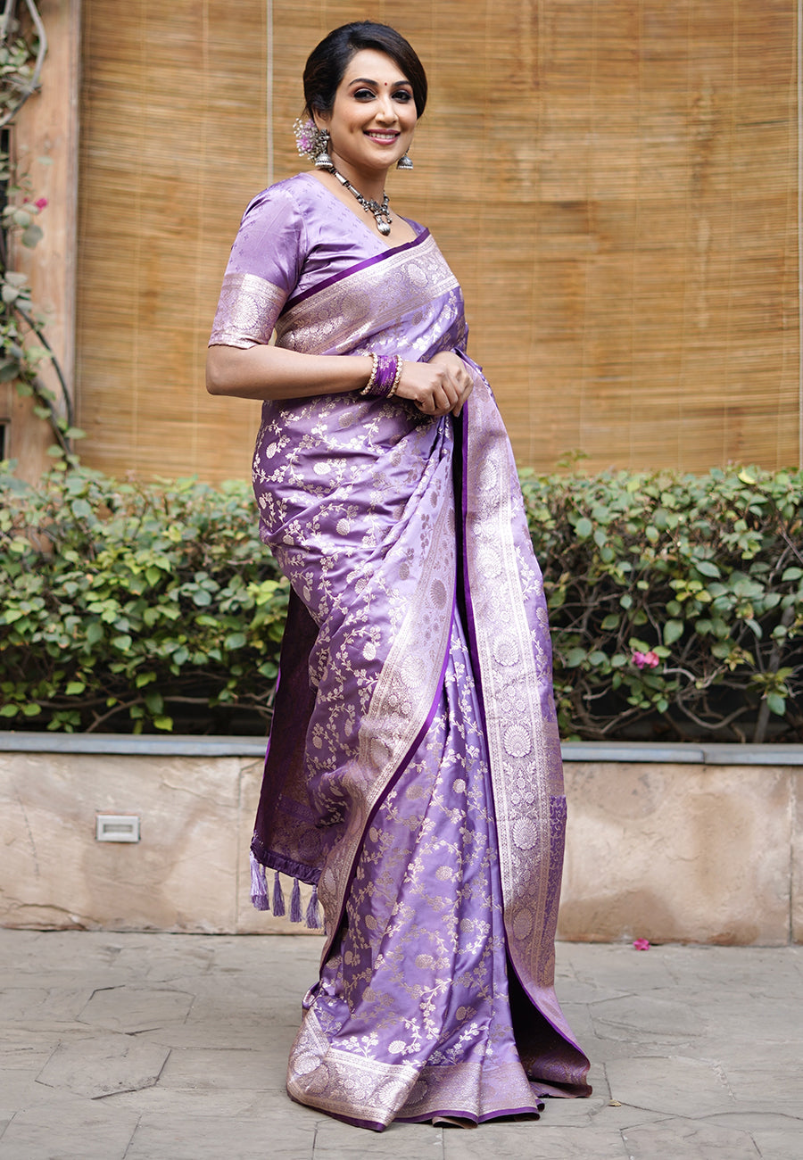 Divya in our Lavender Banarasi Jaal Satin Silk Pink Zari Woven Saree